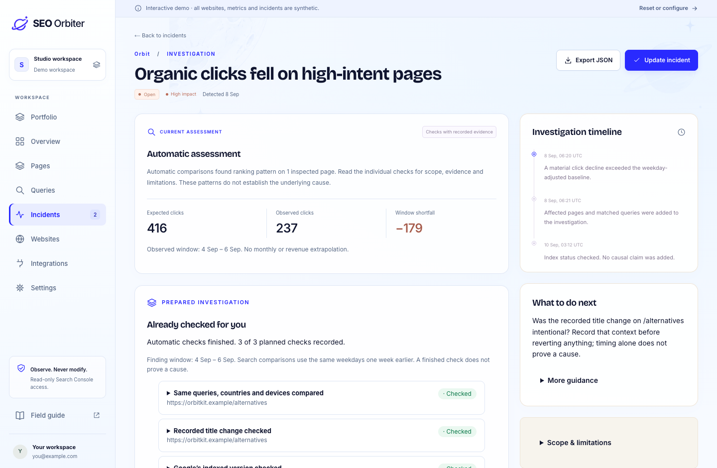 From an alert to the evidence.: SEO Orbiter interface.